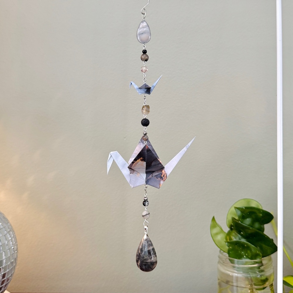 Origami Ornament #2429 - Double Mini/Large Crane with Stone Pendant